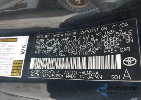 2006 Scion Tc из США, поврежденный, VIN JTKDE177660118079